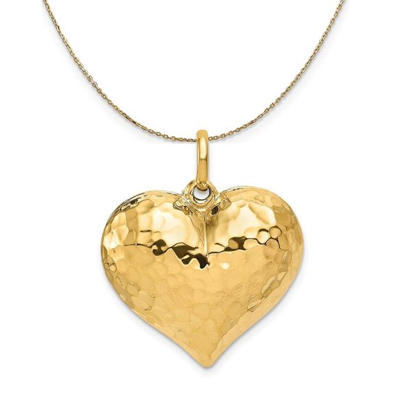 14k Yellow Gold Hollow Hammered Puffed Heart Necklace - 20 Inch